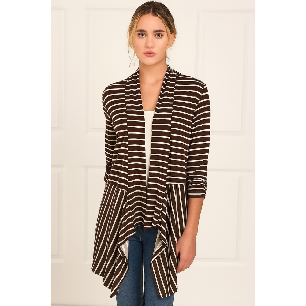 Chico’s Brown White Stripe Waterfall Jersey Knit Cardigan XS Chico’s Size 0